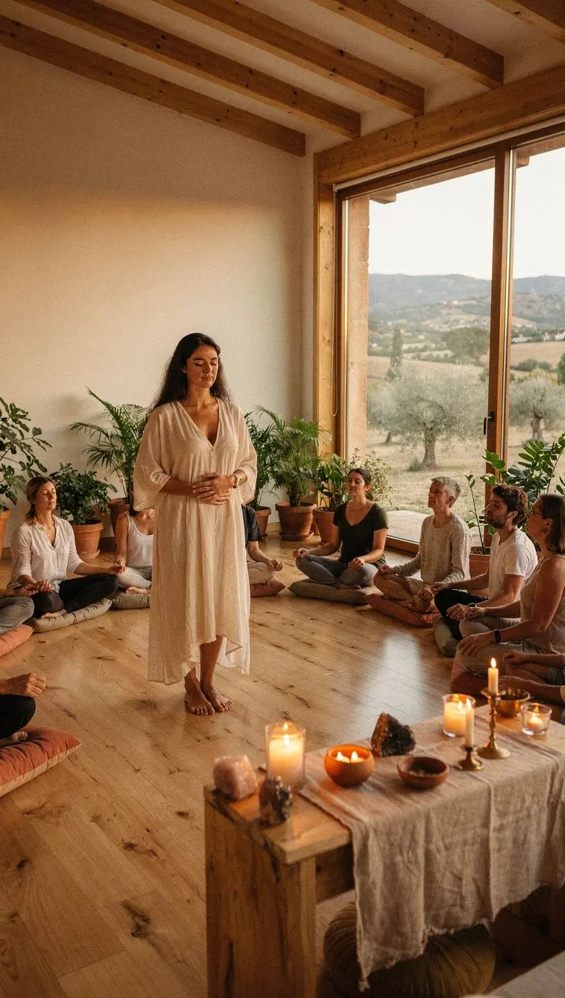 Una mujer en posición de meditación, con las manos en el corazón y una expresión de paz.