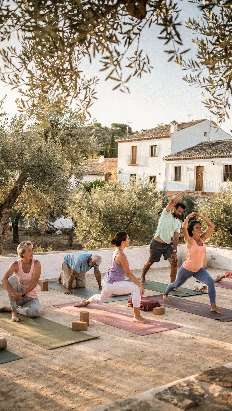 Un grupo de personas practicando yoga al aire libre, rodeados de naturaleza y tranquilidad.