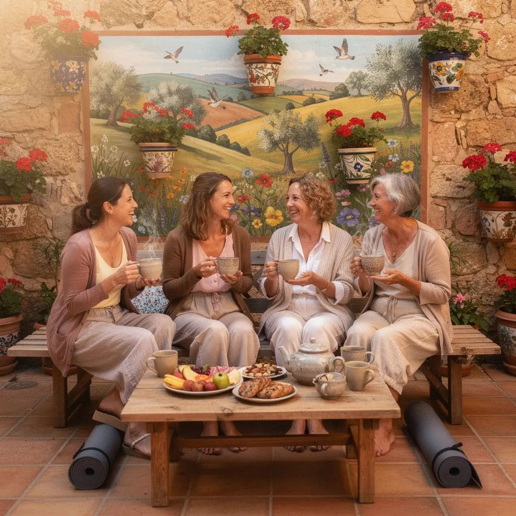Una instructora de yoga guiando a sus alumnos en una clase de estiramientos suaves en un entorno natural.